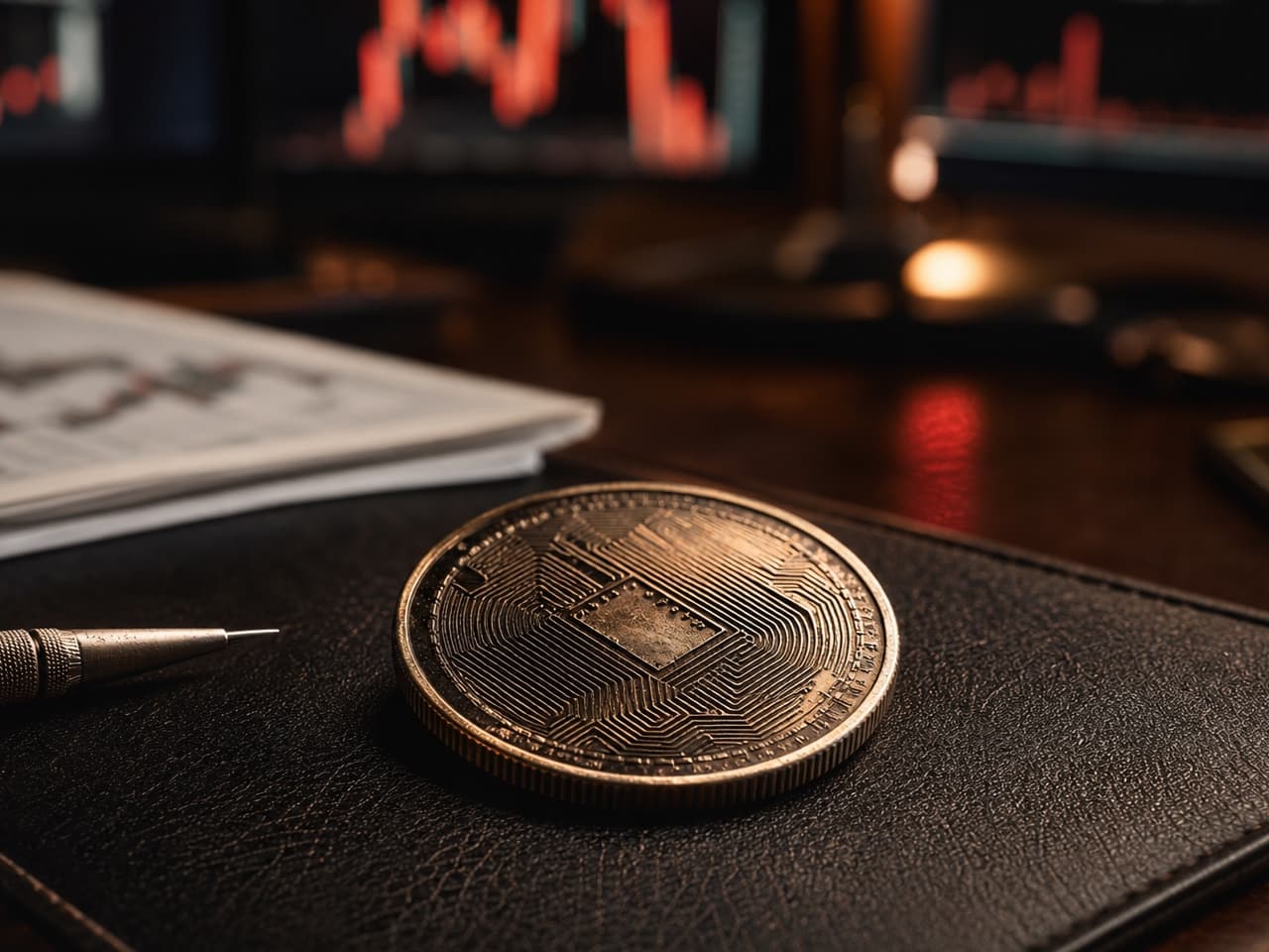 A tactile engraved coin beside live market screens