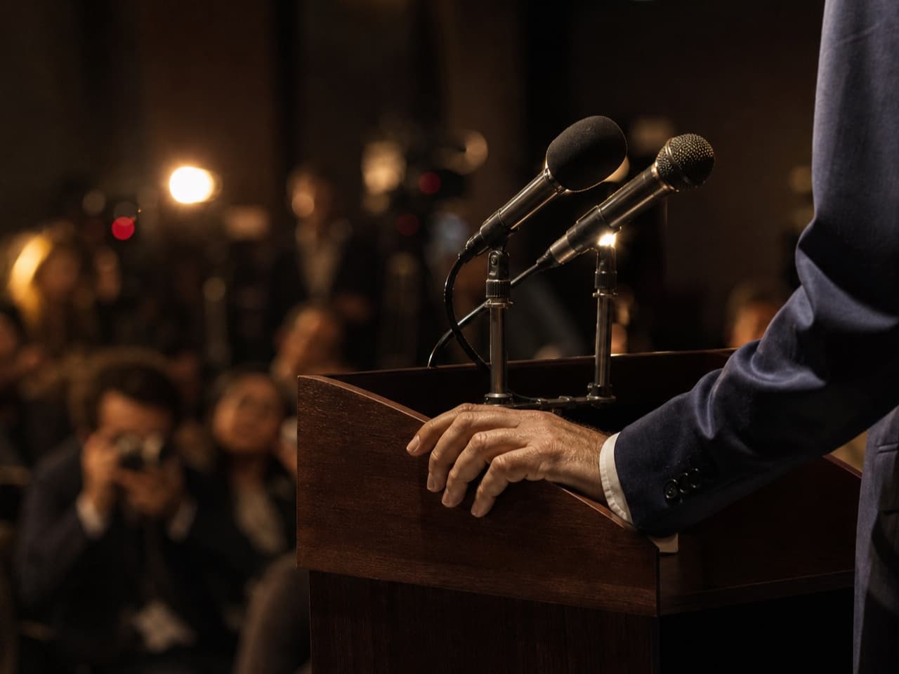 Dual microphones at a podium under warm press light