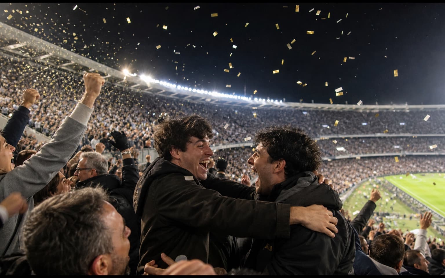 A stadium crowd releasing under gold confetti